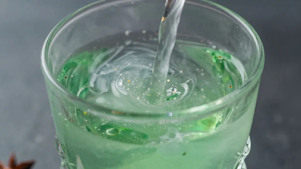 Mléčný louche efekt při míchání vody do zeleného absintu ve sklenici