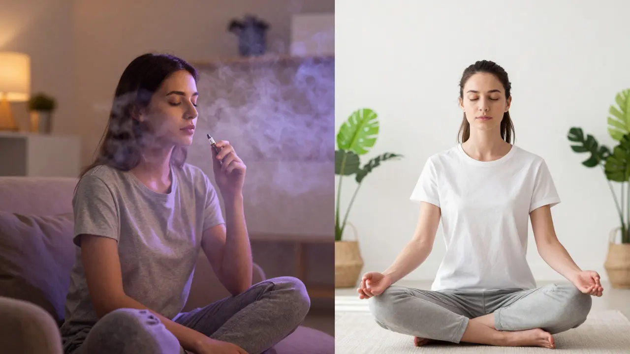 Rozdělená scéna ukazující relaxaci při HHC a jasnost mysli při H4CBD