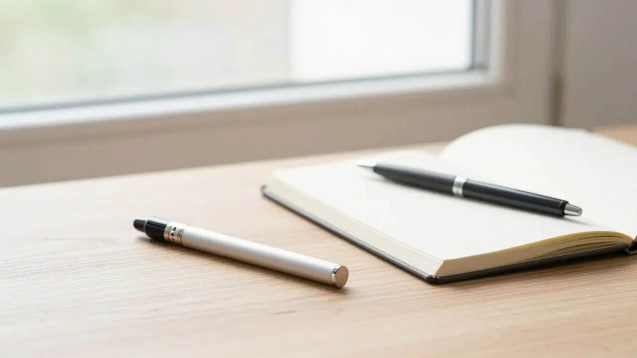 Vape pera a zápisník při světle okna