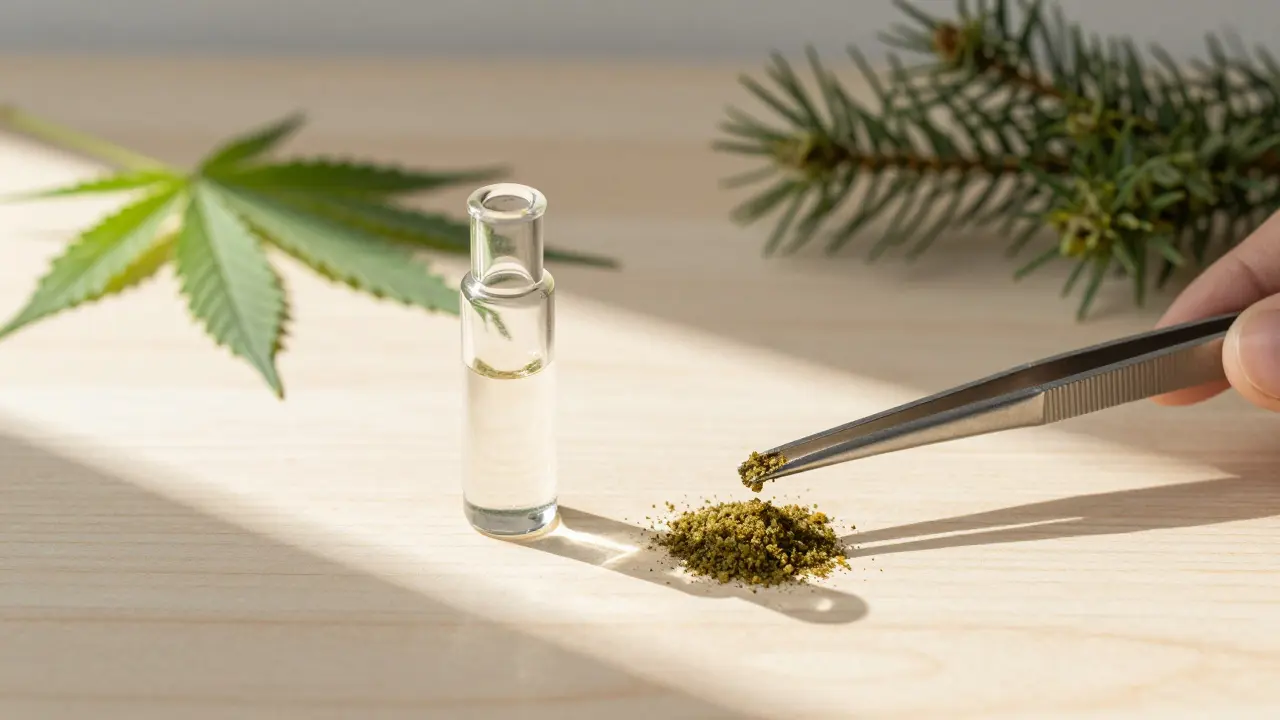 Vaporizér a malé množství CBD krume s konopnými listy v pozadí