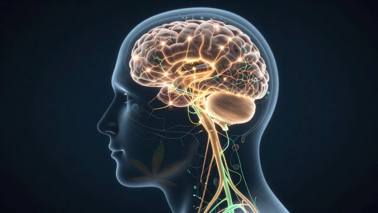 Abstraktní ilustrace endokanabinoidního systému a neuronů v mozku