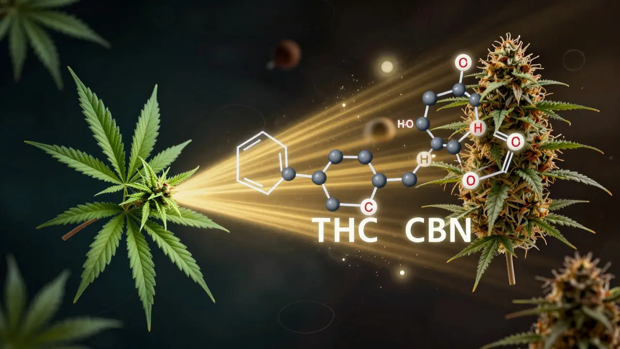Abstraktní vizualizace molekulárního rozkladu THC na CBN