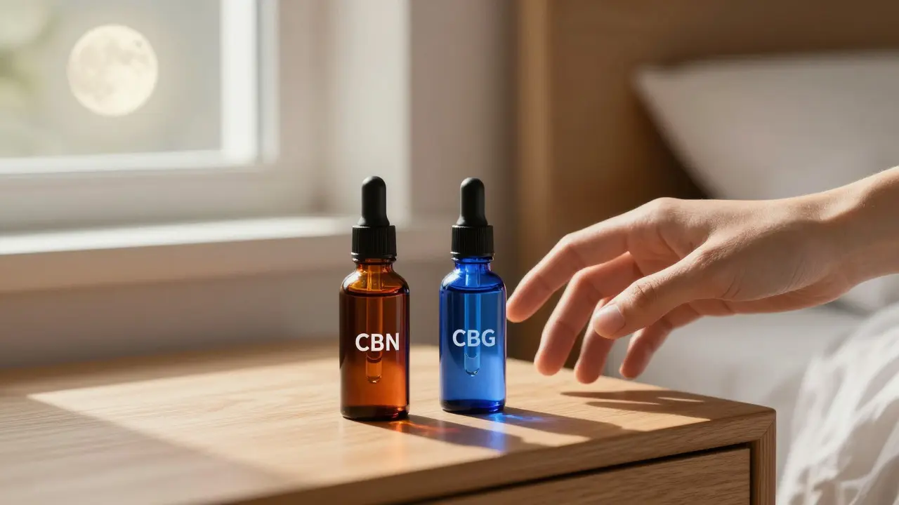 Dvě lahvičky s konopným olejem CBN a CBG na nočním stolku