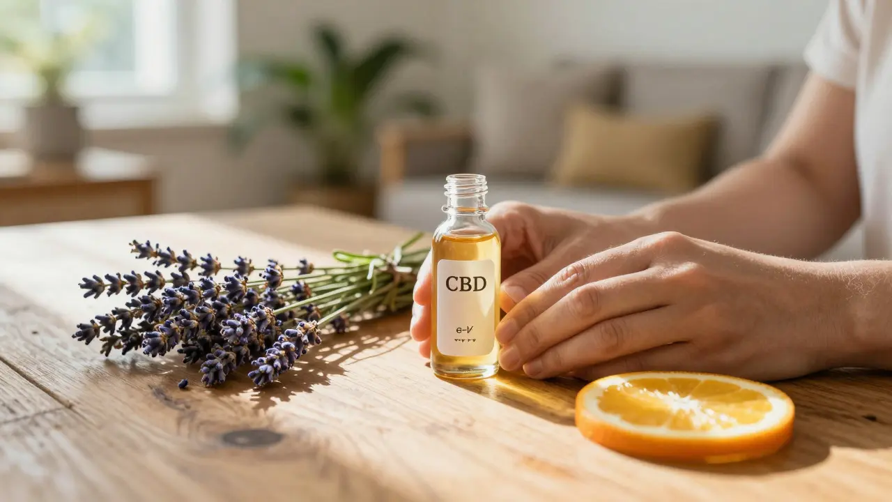 Láhev CBD tekutiny vedle levandule a citronu na dřevěném stole