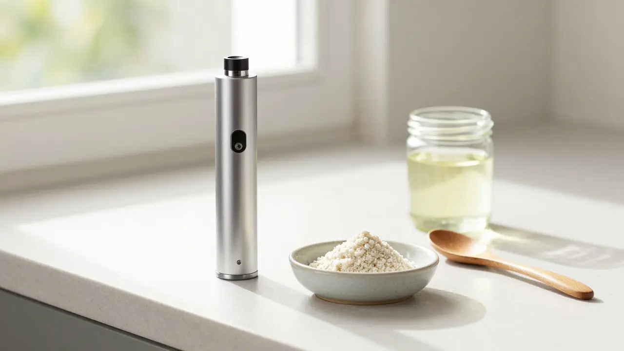 Vaporizér vedle misky s CBD crumblem a kokosovým olejem v kuchyni