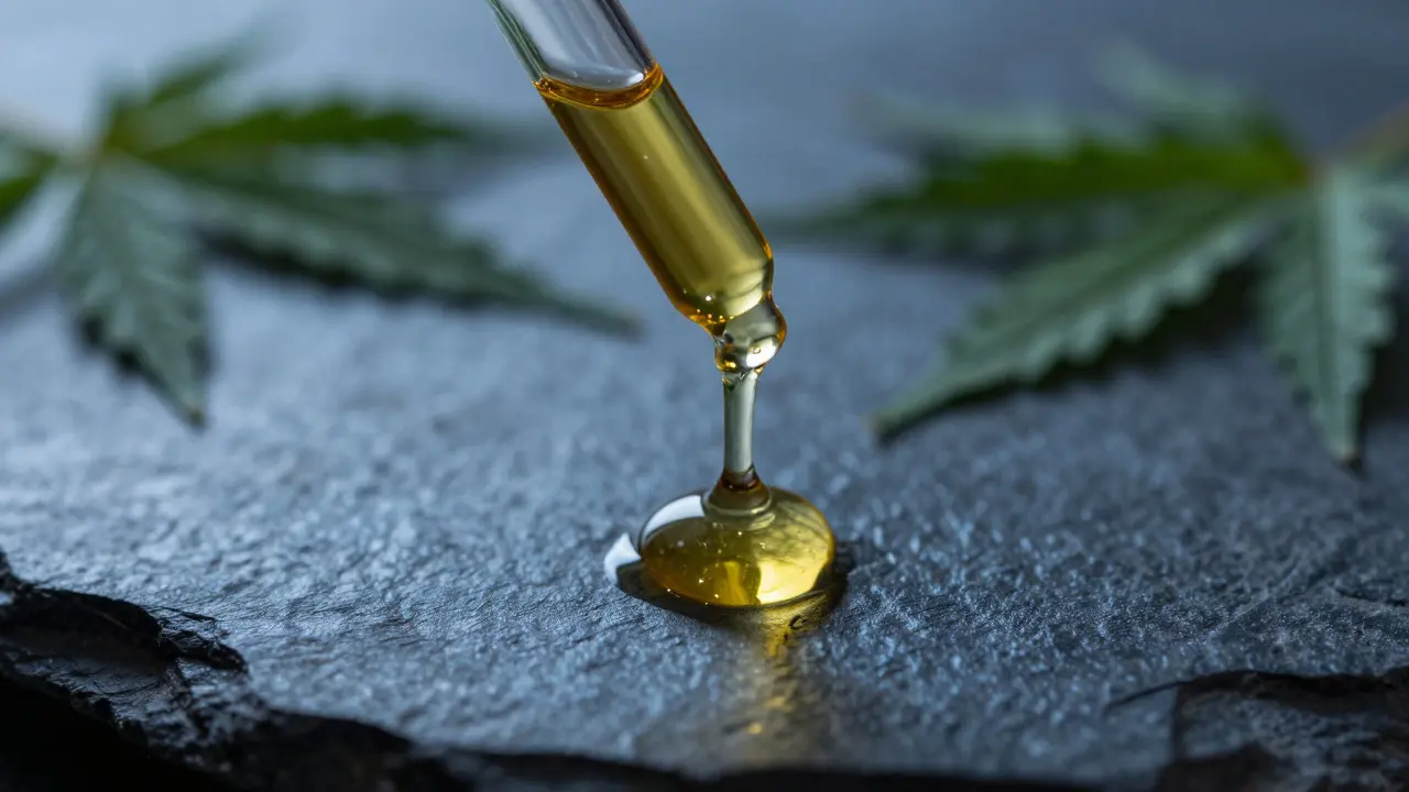 Makro záběr kapek CBD oleje z pipety na kamenném podkladu