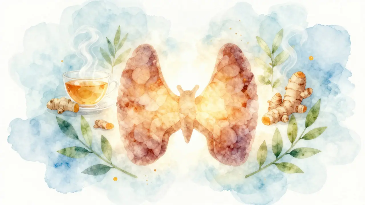 Umělecká ilustrace štítné žlázy obklopené přírodními bylinkami