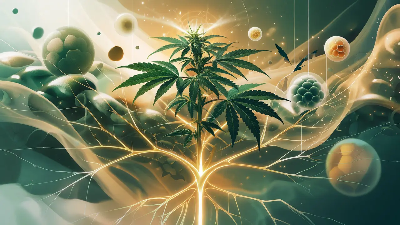 Abstraktní ilustrace konopné rostliny znázorňující synergii kanabinoidů a terpenů
