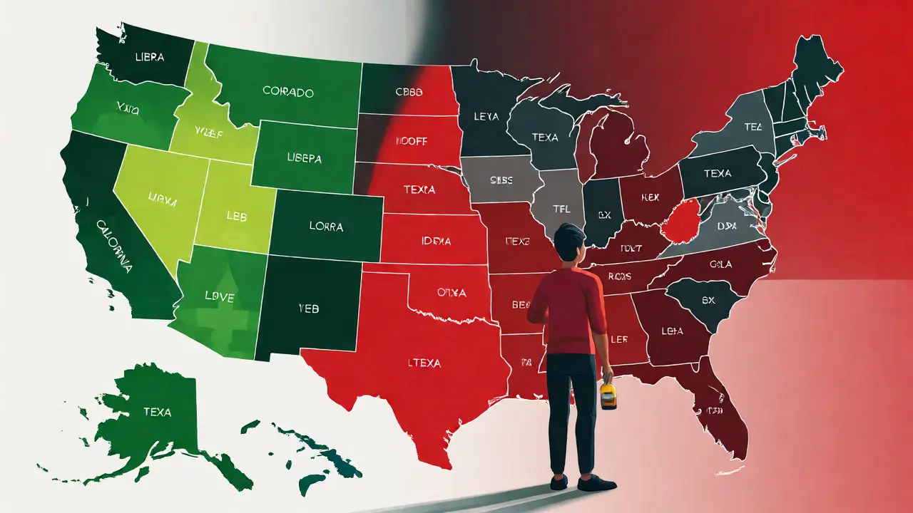 Konceptuální mapa USA rozdělená na legální a zakazující státy pro CBD