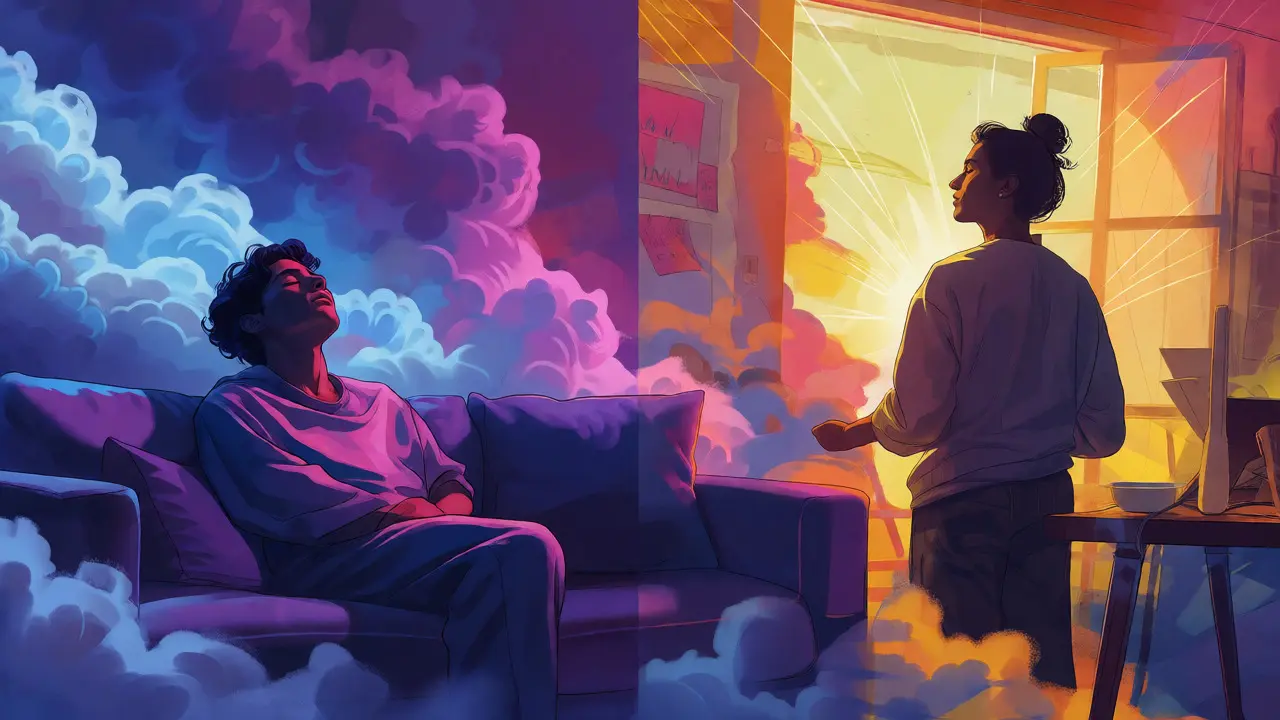 Kontrastní scéna relaxace na gauči a energie při práci