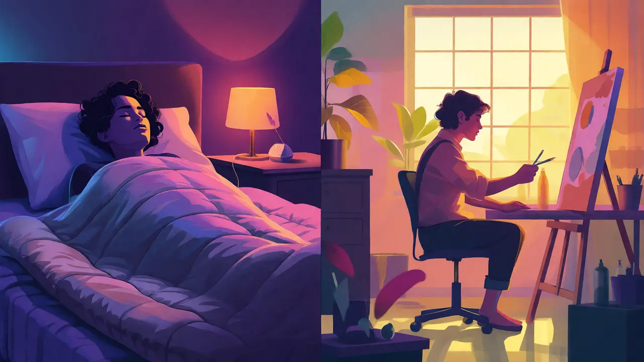 Kontrastní scény relaxace v noci a kreativity ve dne pro různé profily HHC