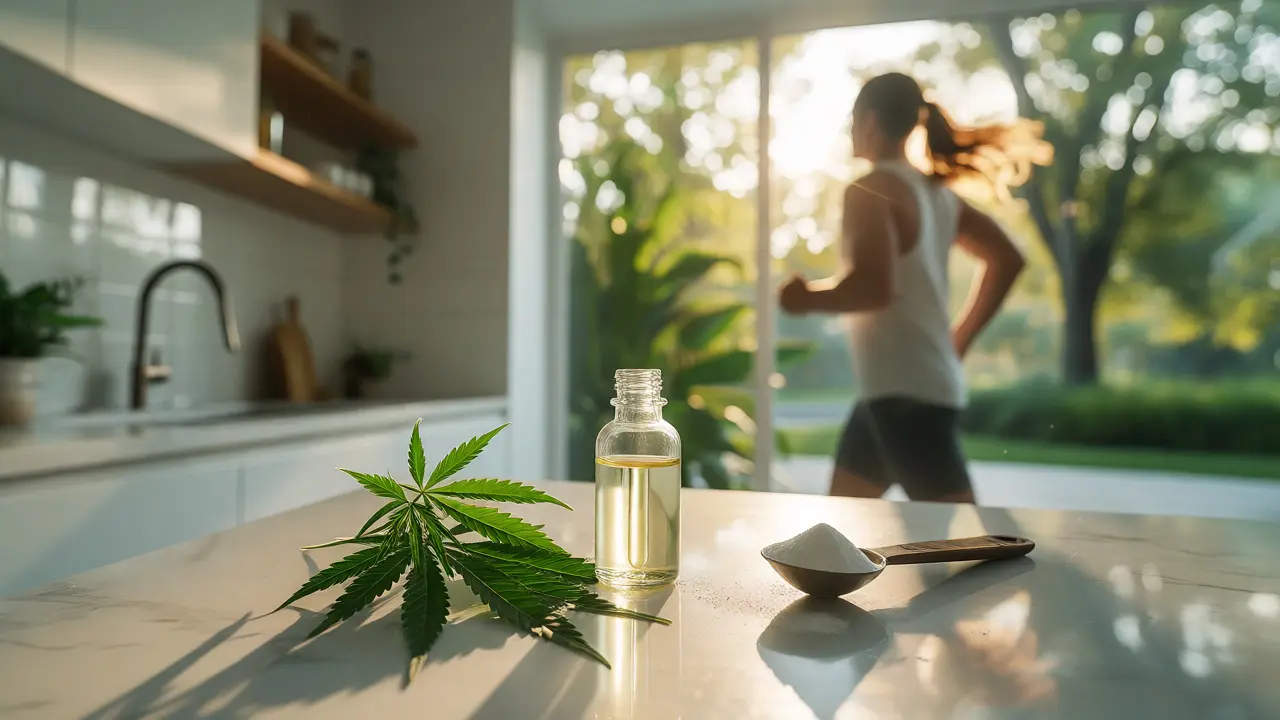 Moderní kuchyňská scéna s olejem THCV a běžící osobou naznačující energii a metabolismus.