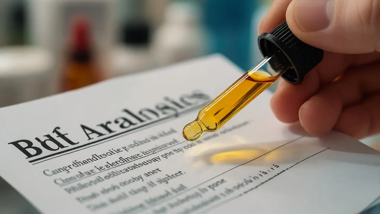 Ruka drží certifikát analýzy vedle lahvičky s CBD olejem v lékárně