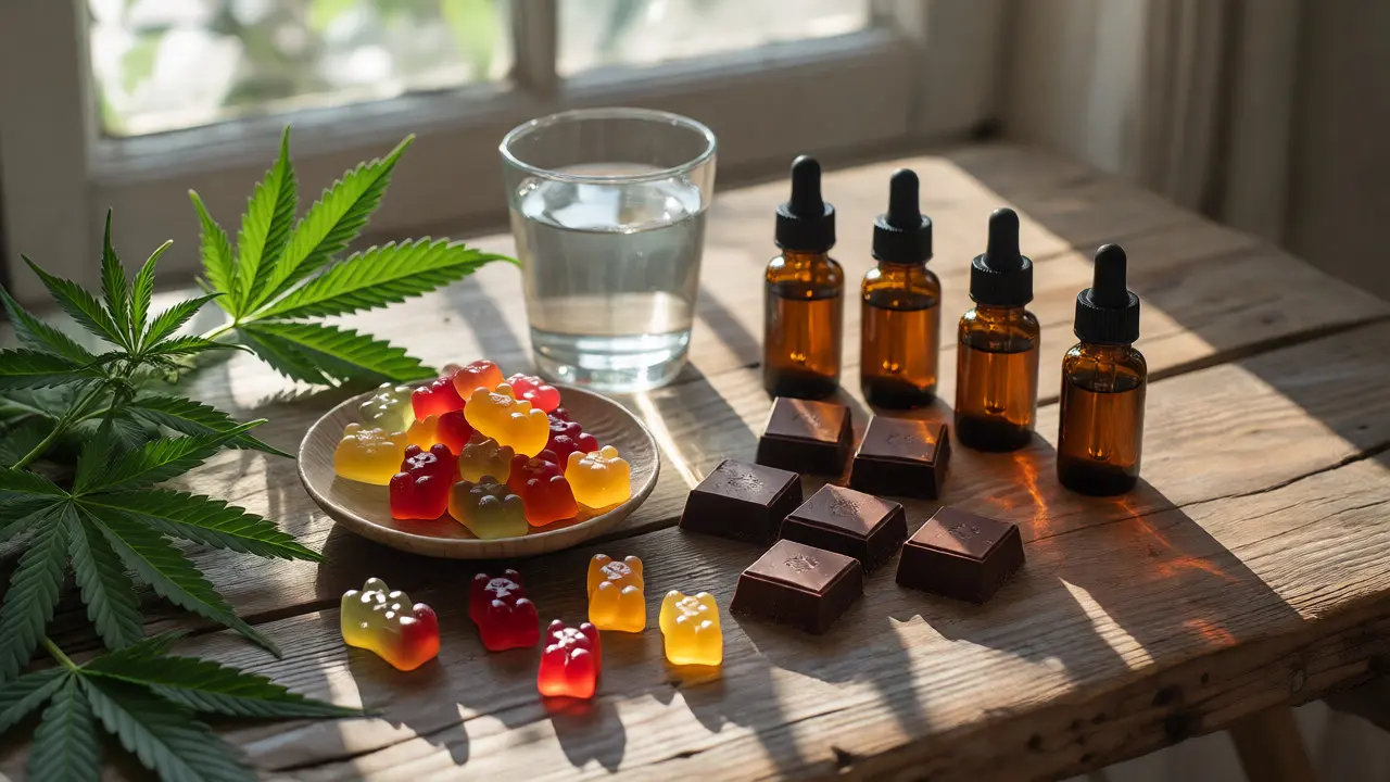 Různé konopné edibles včetně žvýkaček a čokolády na dřevěném stole.