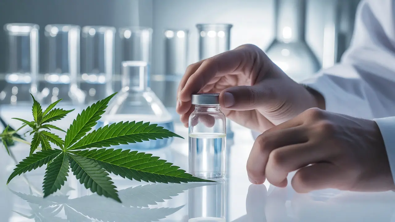 Scientist handling a vial of H4CBD near hemp leaves in a lab.