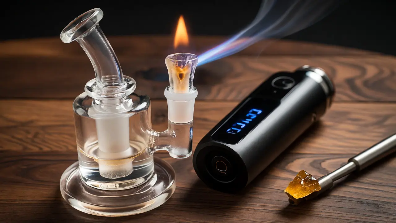 Skleněný dab rig s plamenem hořáku vedle elektronického e-rigu a kousku CBD extraktu na tmavém pozadí.