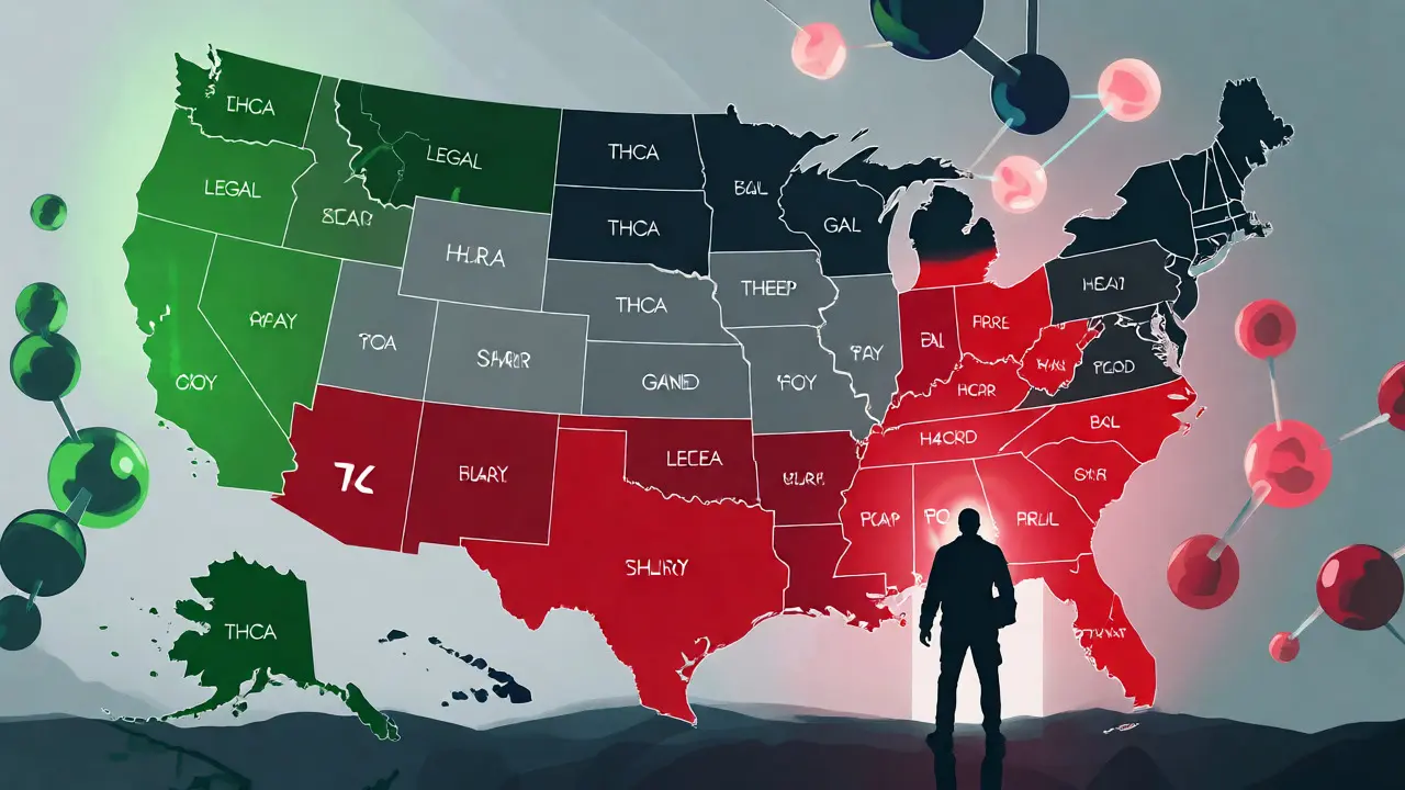 Stylized US map with legal status zones and cannabinoid molecules.
