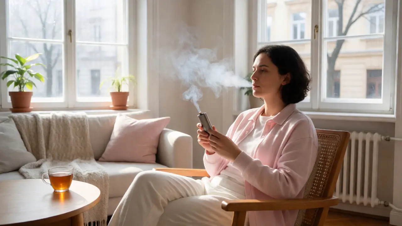 Uvolněná osoba používající vaporizér v prosluněném obývacím pokoji
