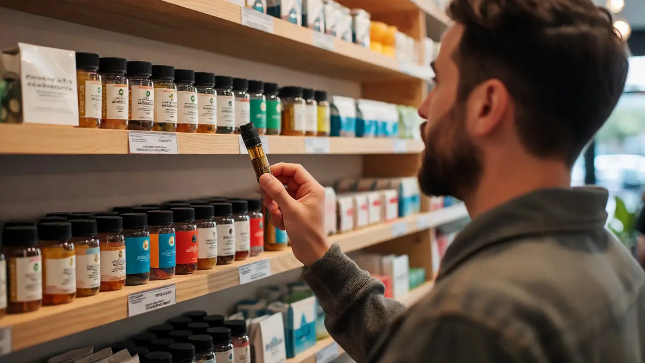 Zákazník v obchodě zkoumá složení produktů HHC na regálu