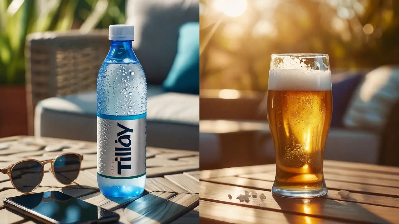 Chladivá konopná limonáda na stole vedle slunečních brýlí, alternativa k alkoholu.