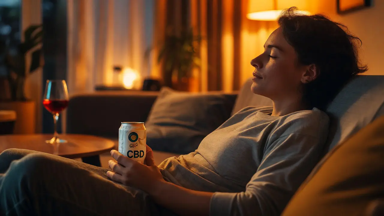 Člověk v klidu večer drží plechovku CBD nápoje místo alkoholu