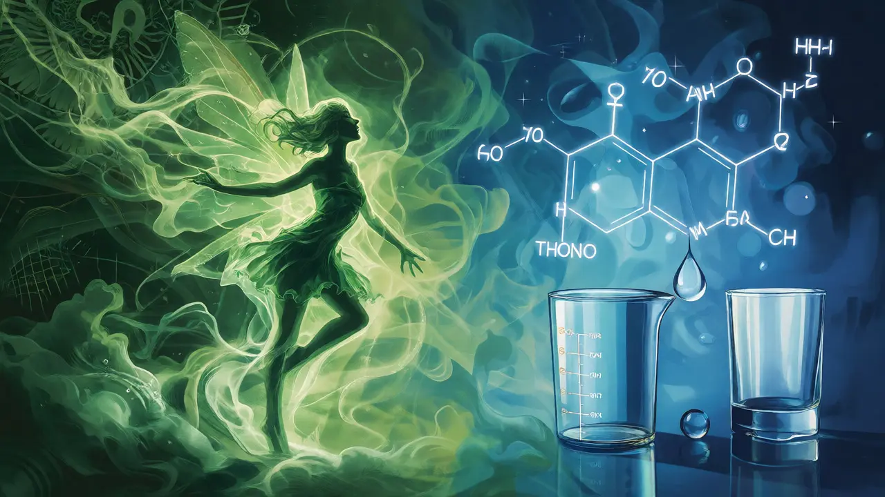 Conceptual art contrasting the mythical Green Fairy with scientific thujone regulation.