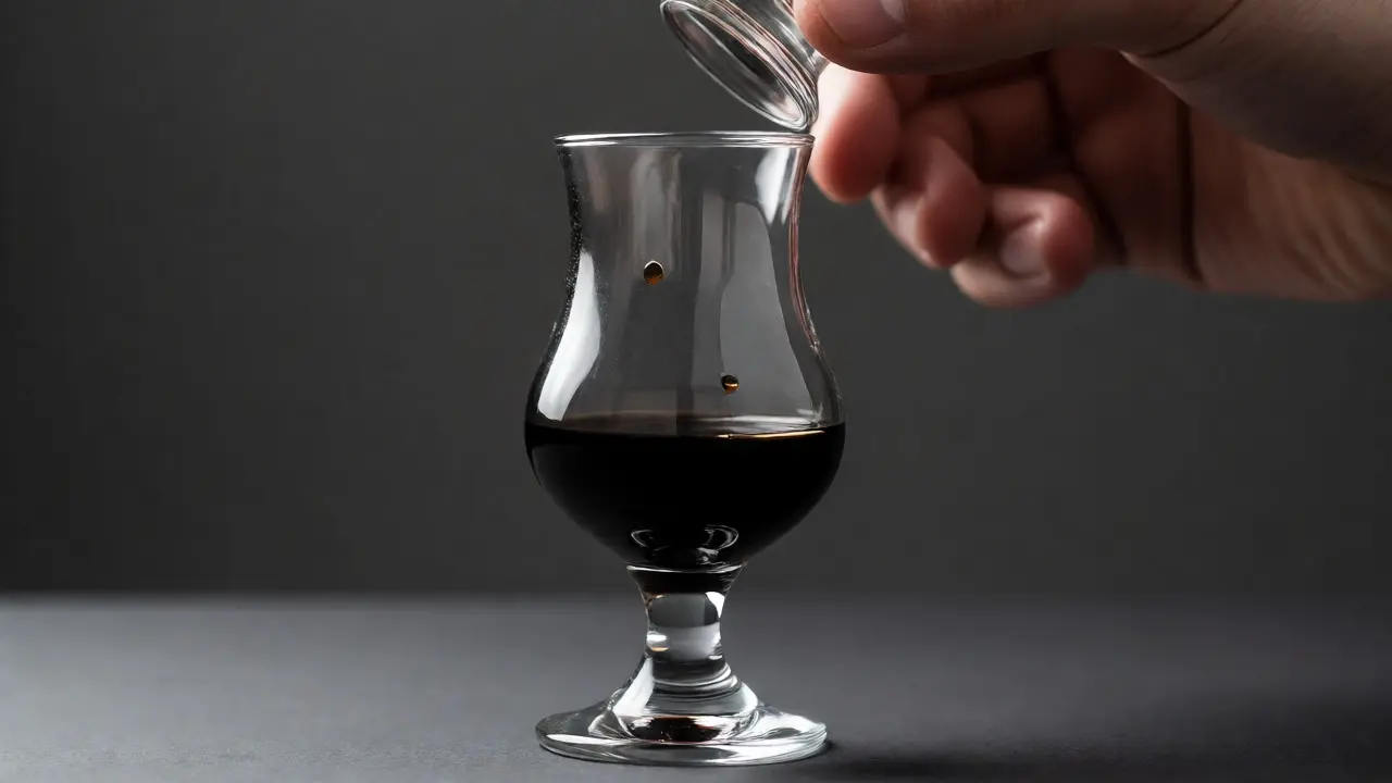 Detailní záběr na sklenici s čistým černým absintem připravenou k degustaci.
