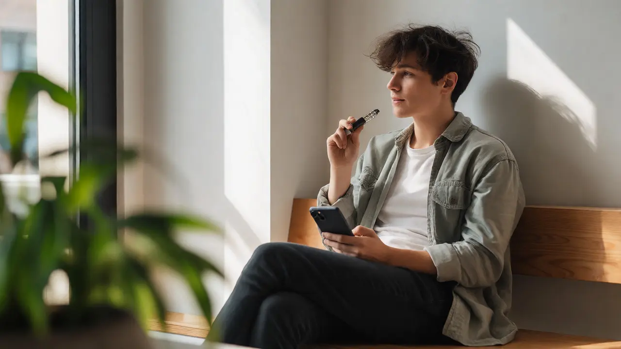 Diskrétní použití vape pera mladým profesionálem v klidném městském prostředí během dne.