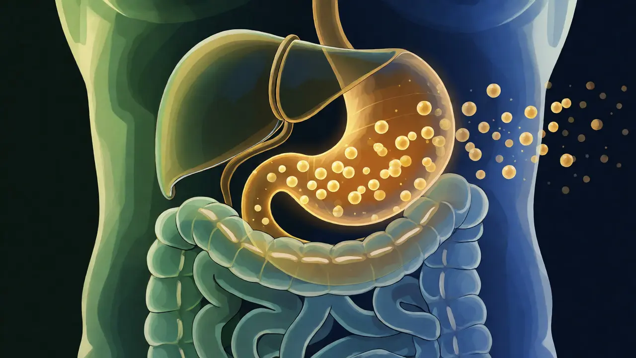 Ilustrace cesty CBD trávicím traktem a metabolizace v játrech