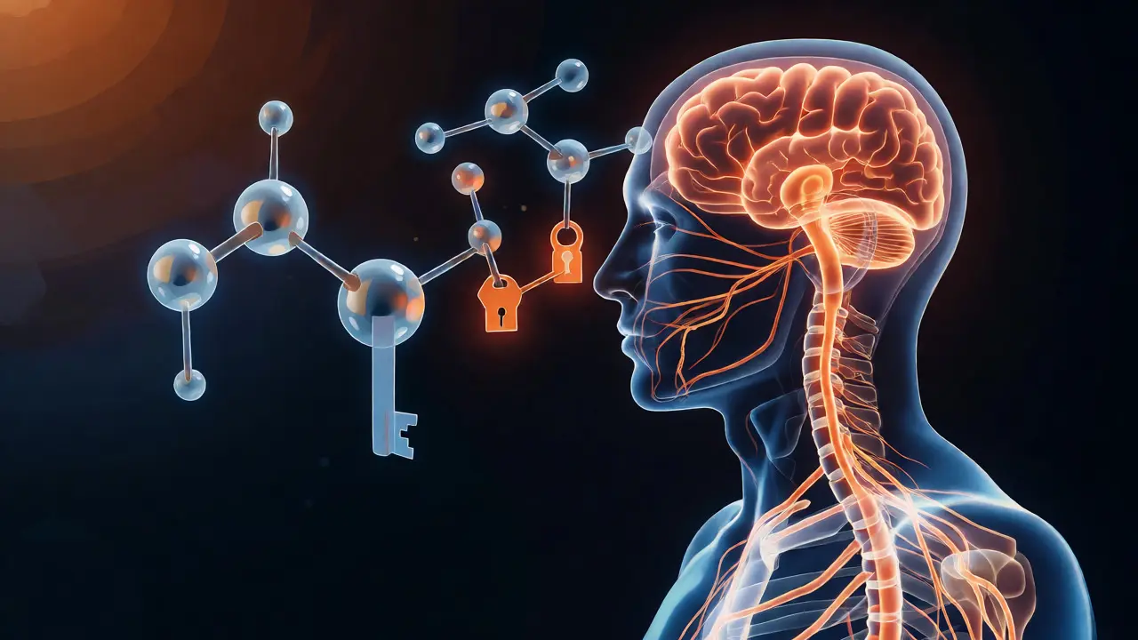 Konceptuální ilustrace interakce CBD molekul s lidským nervovým systémem.