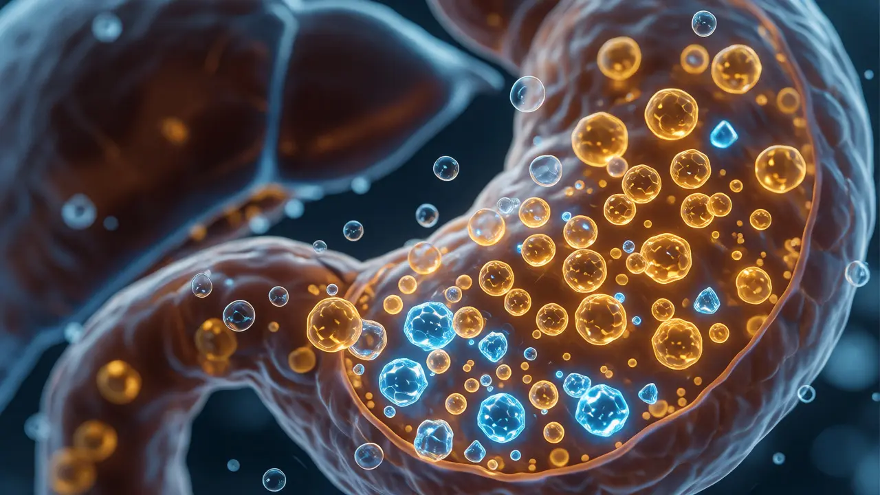 Konceptuální vizualizace metabolismu THC v játrech, kde tuky neředí voda.