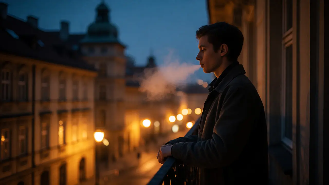 Mladý člověk fouká páru z CBD vape na balkóně za soumraku v městském prostředí