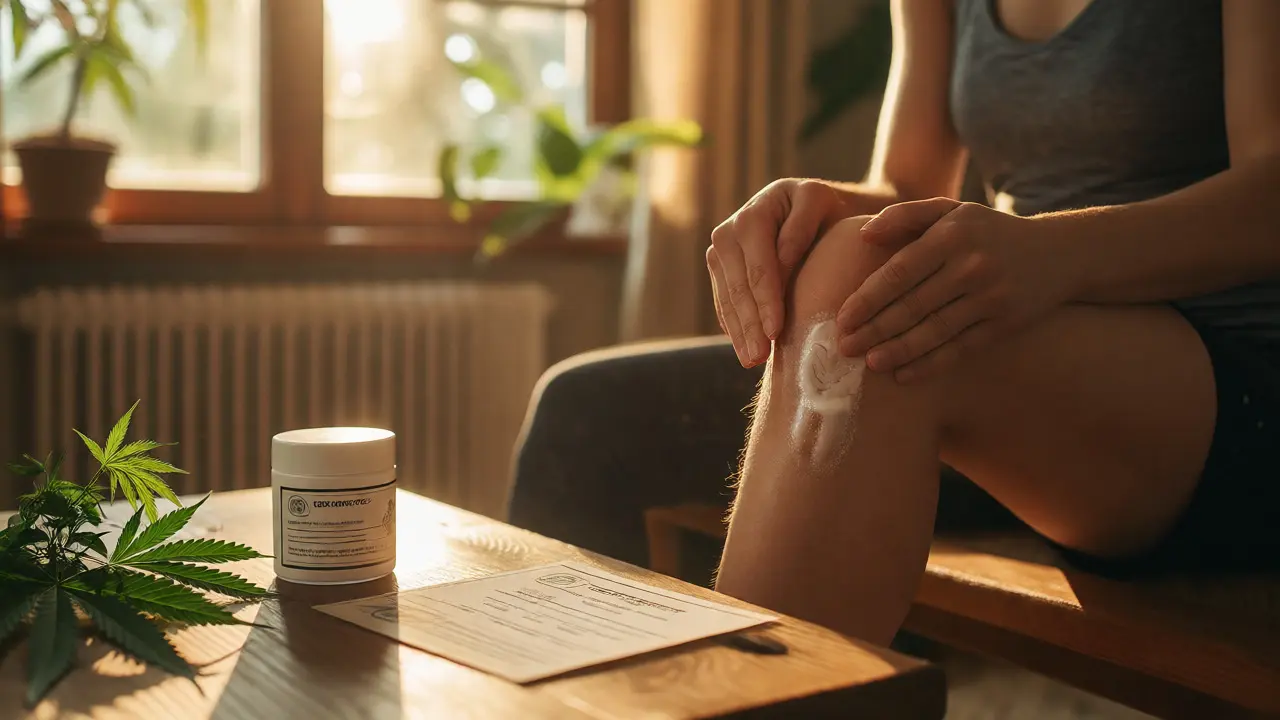 Osoba aplikuje CBD krém na koleno vedle certifikátu kvality a konopí
