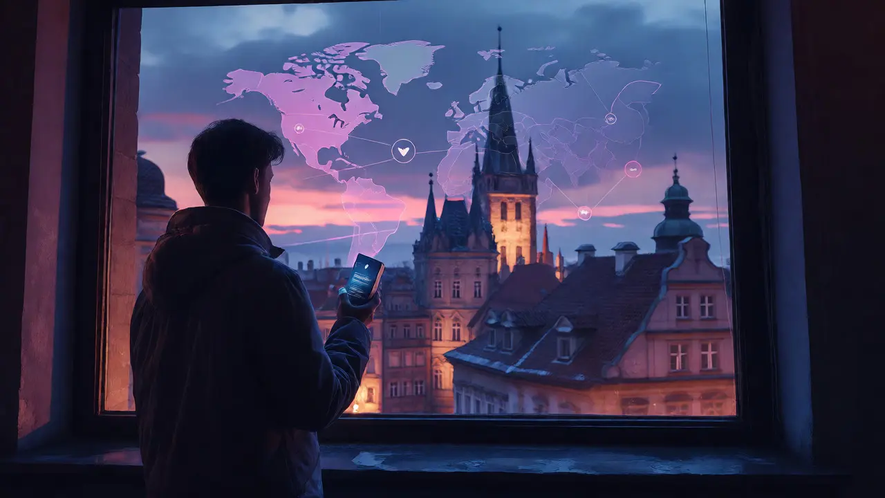 Postava u okna v historickém městě držící konopný produkt, pohled do budoucnosti trhu.