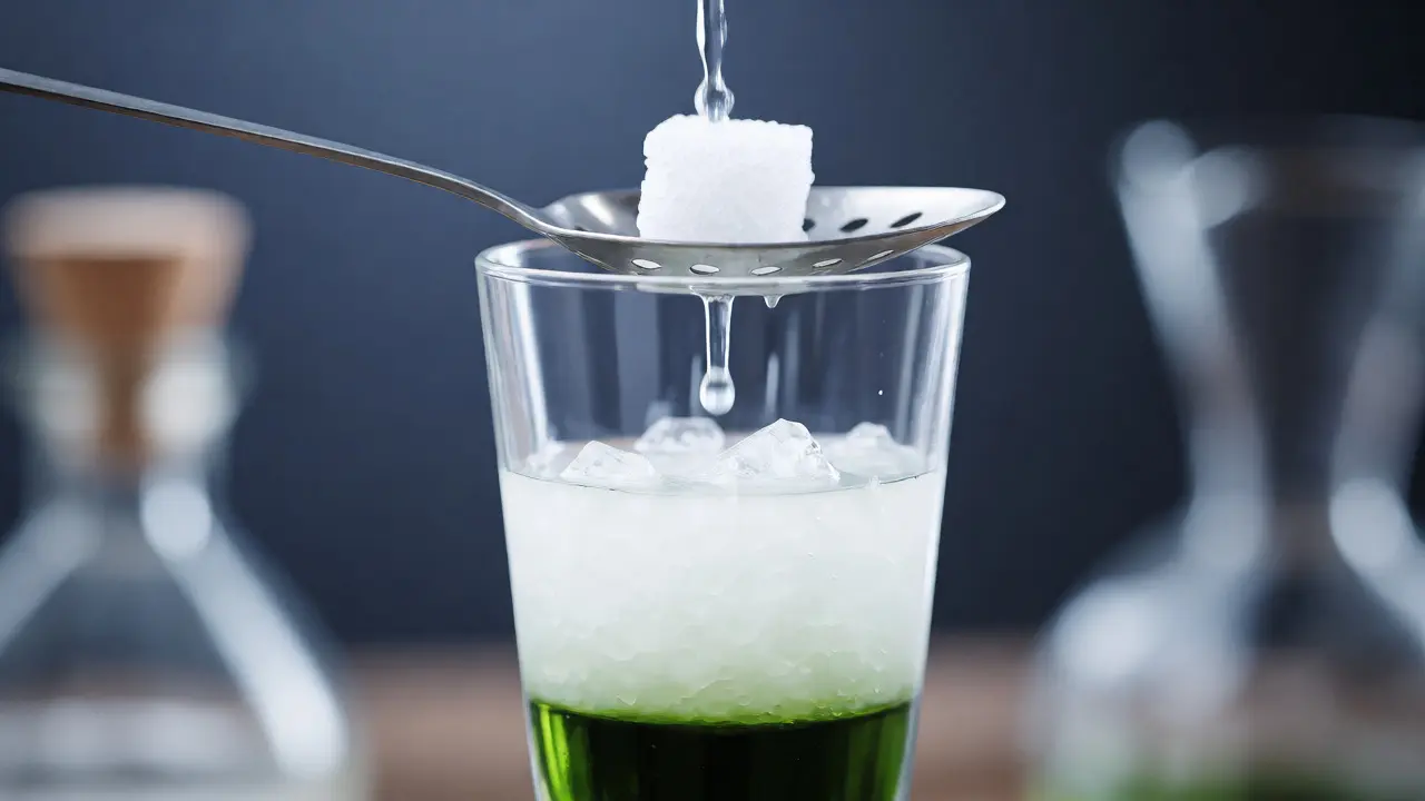 Příprava absintu s kapající vodou vyvolávající mléčný louche efekt