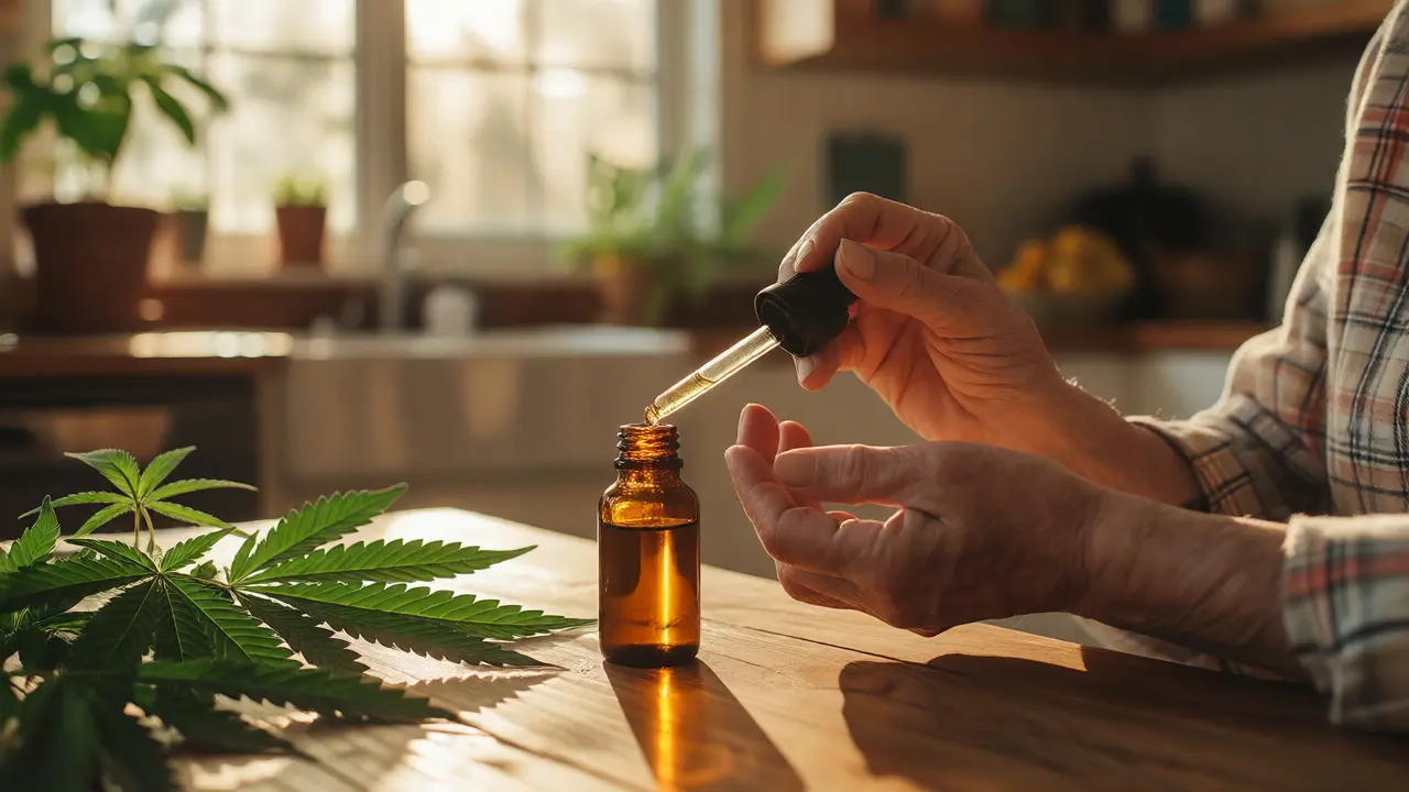 Ranní rutina s kapáním hemp oleje pod jazyk pro úlevu od bolesti.