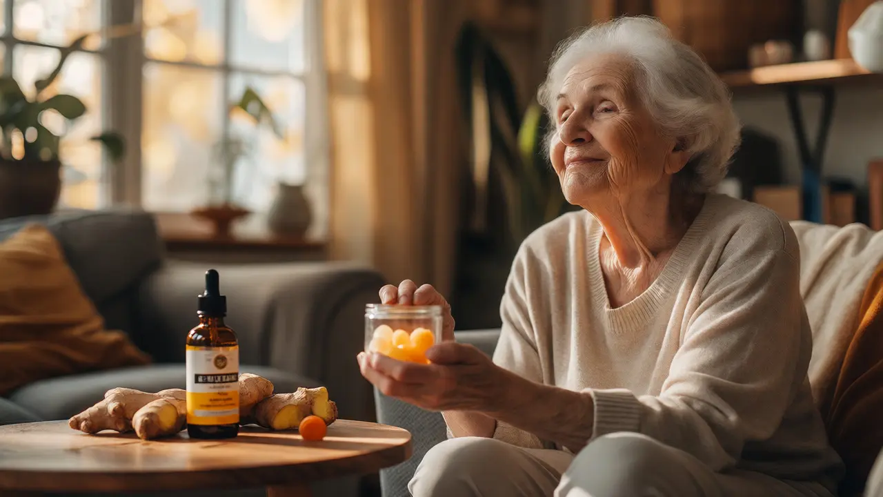 Starší žena užívající CBD gummies jako součást rutiny proti chronickému zánětu.