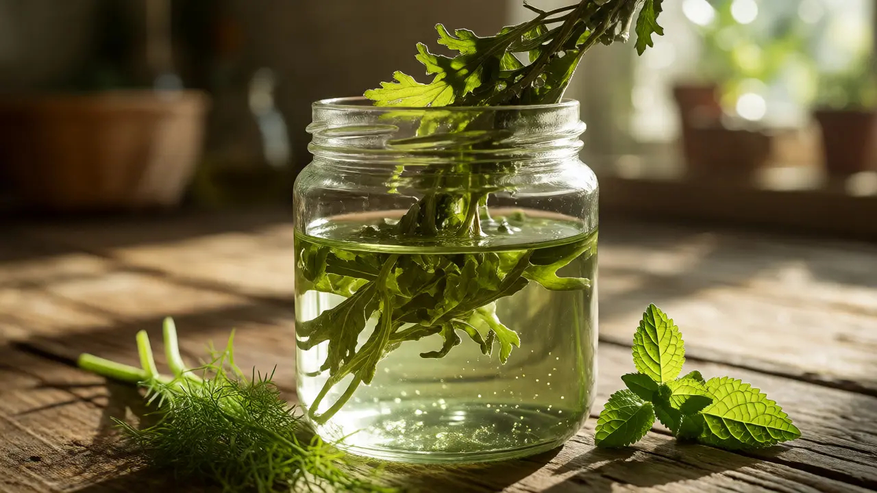 Sušené bylinky pro výrobu absintu se louhují ve skle s alkoholem