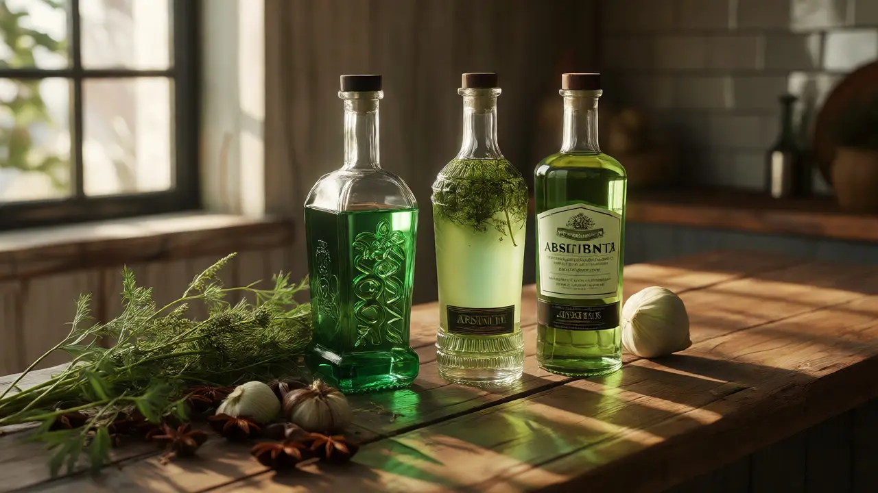 Three bottles of absinthe displayed alongside fresh wormwood, anise, and fennel botanicals.