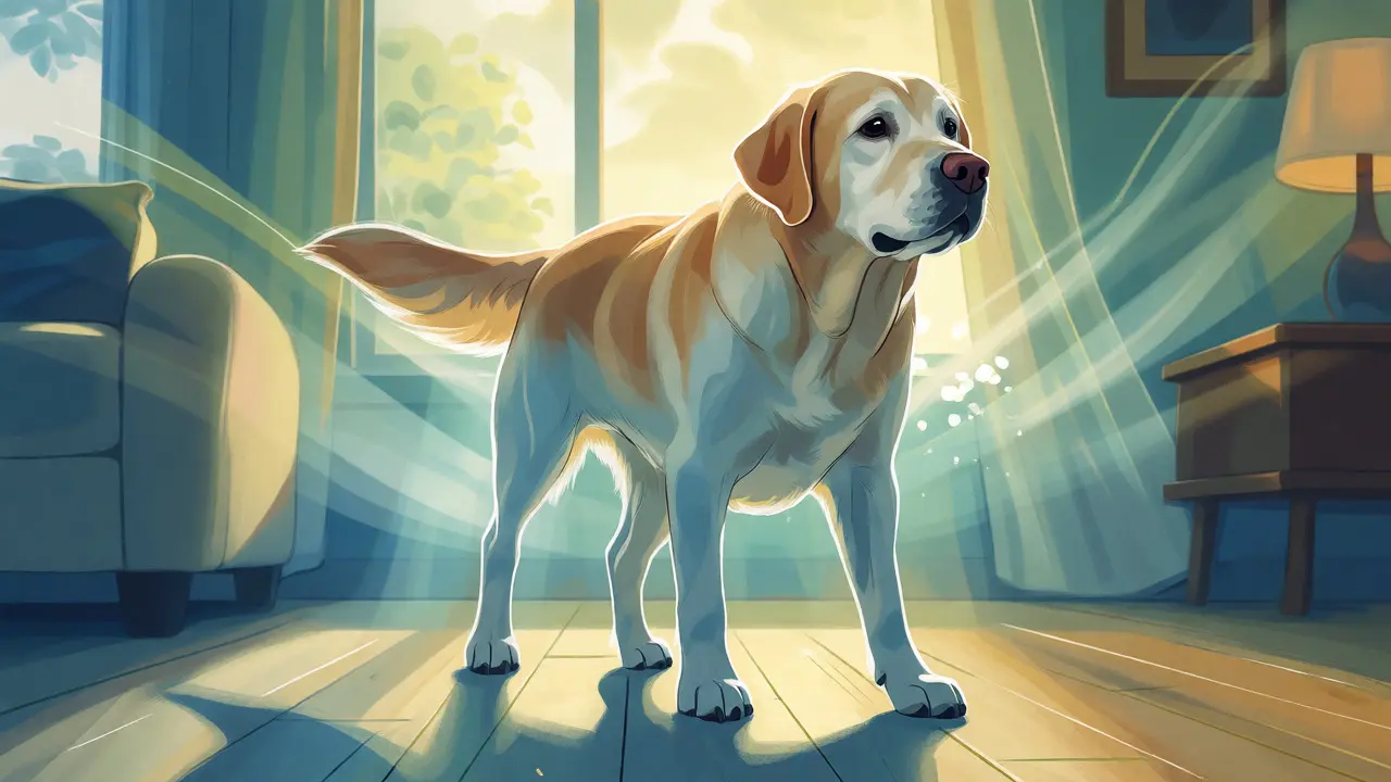 Zdravý starší labrador stojící ve slunečním pokoji