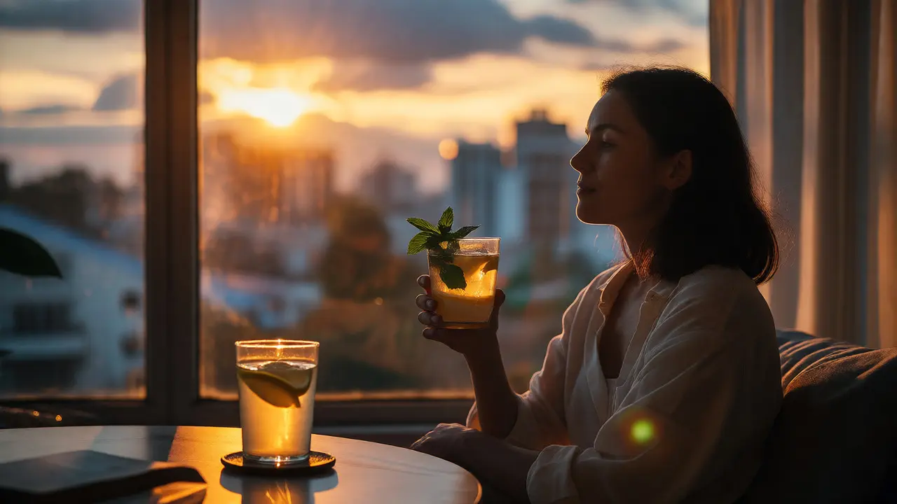 Žena v klidu pije CBD nápoj u okna večer